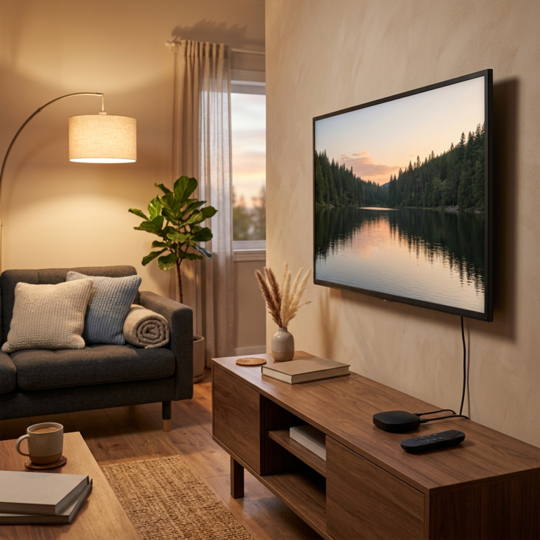 Cozy living room with television displaying a forest lake at sunset