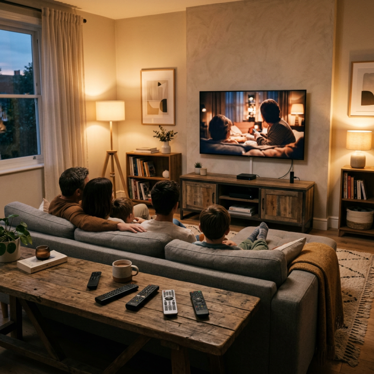 Family watching television together in a warmly lit living room
