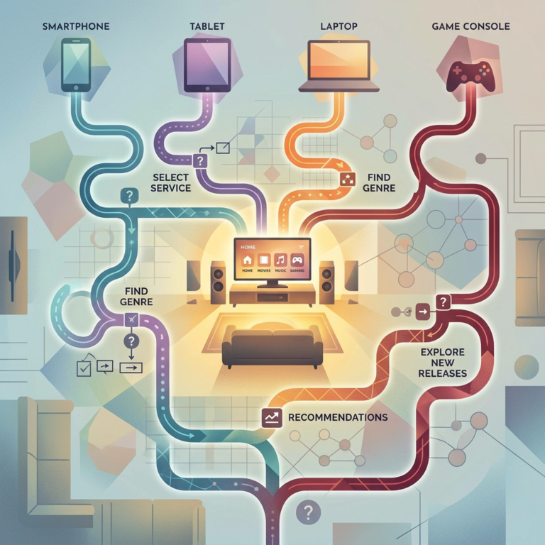 Flowchart labeled SMARTPHONE, TABLET, LAPTOP, and GAME CONSOLE, with paths through SELECT SERVICE, FIND GENRE, RECOMMENDATIONS, and EXPLORE NEW RELEASES to a home entertainment system; screen text reads HOME, MOVIES, MUSIC, and GAMING.
