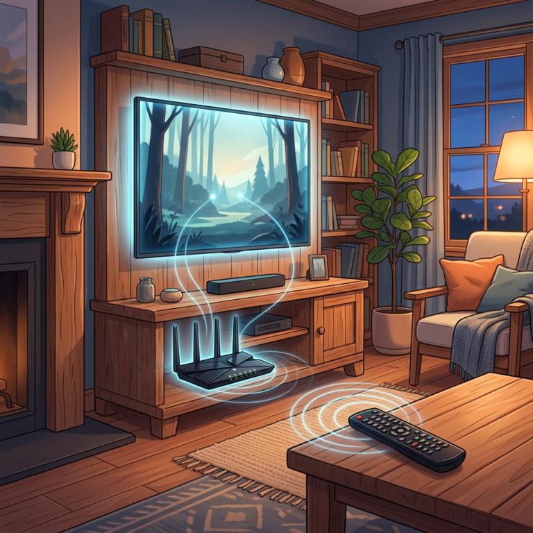 Living room with smart TV, Wi-Fi router, and remote control