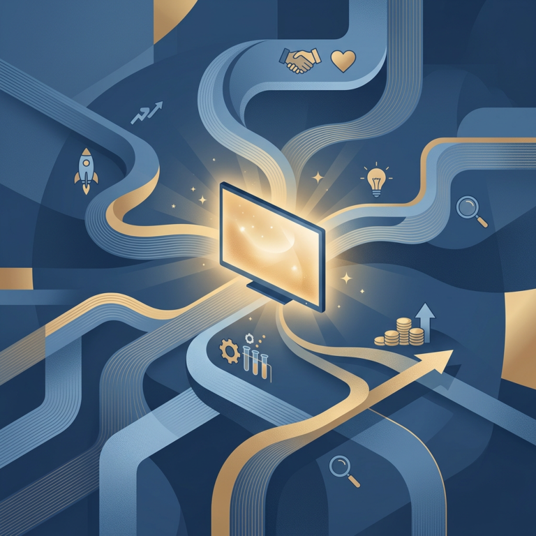 Glowing screen surrounded by pathways, partnership, innovation, analytics, and growth symbols